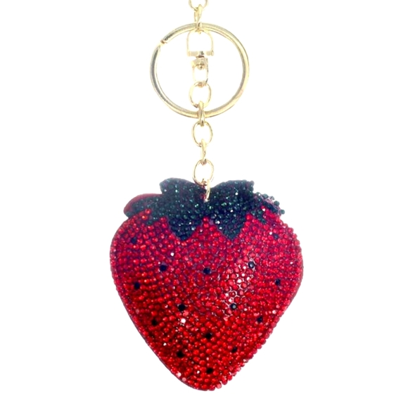 Strawberry 🍓 design rhinestone covered goldtone puffy keychain•NWT - Picture 2 of 16